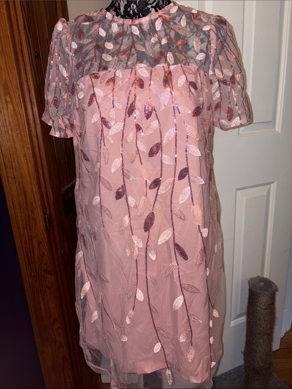 Pink Sequin & Leaf-Embroidered Tulle Dress